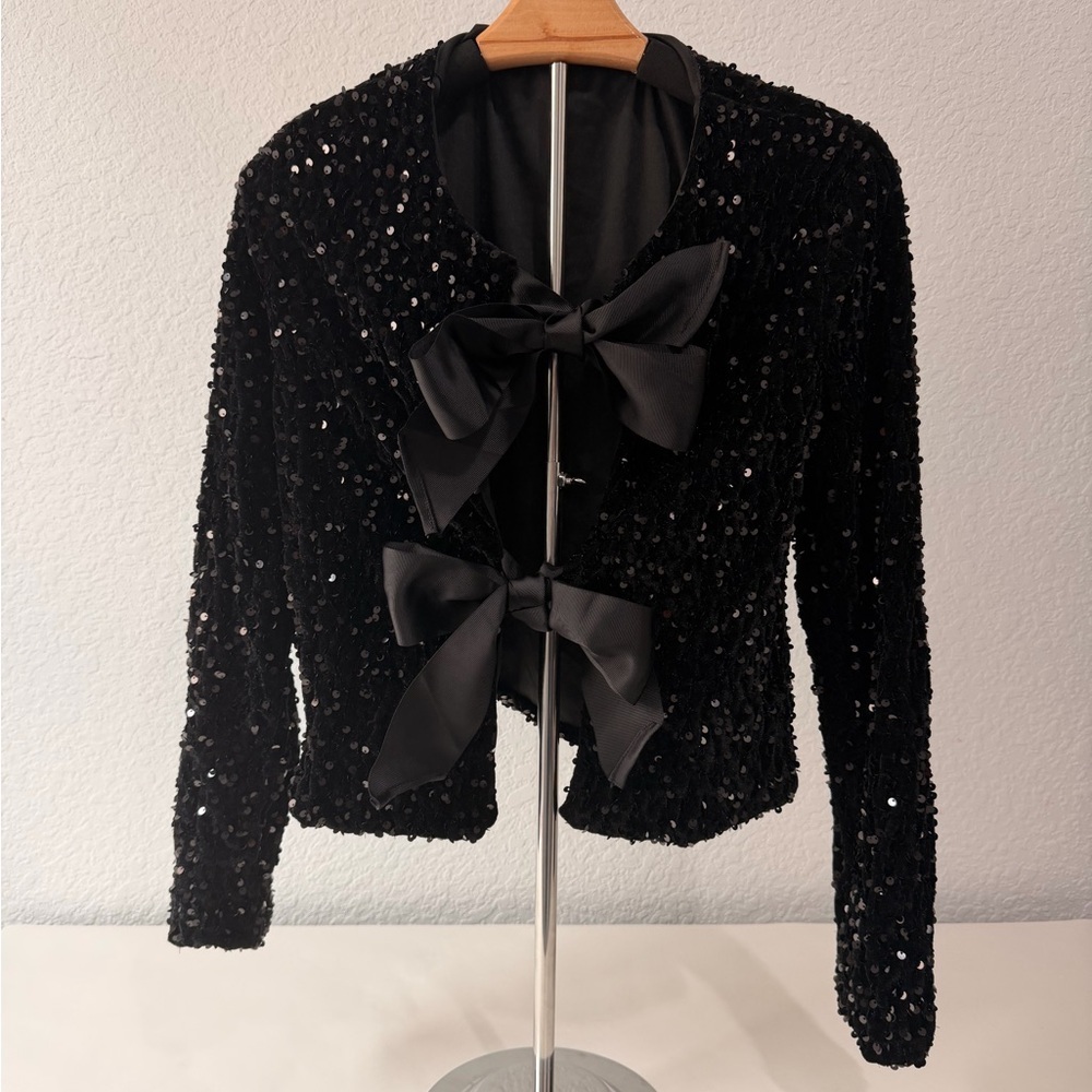 Elegant Black Sequin Jacket with Bows- New Year’s Glam